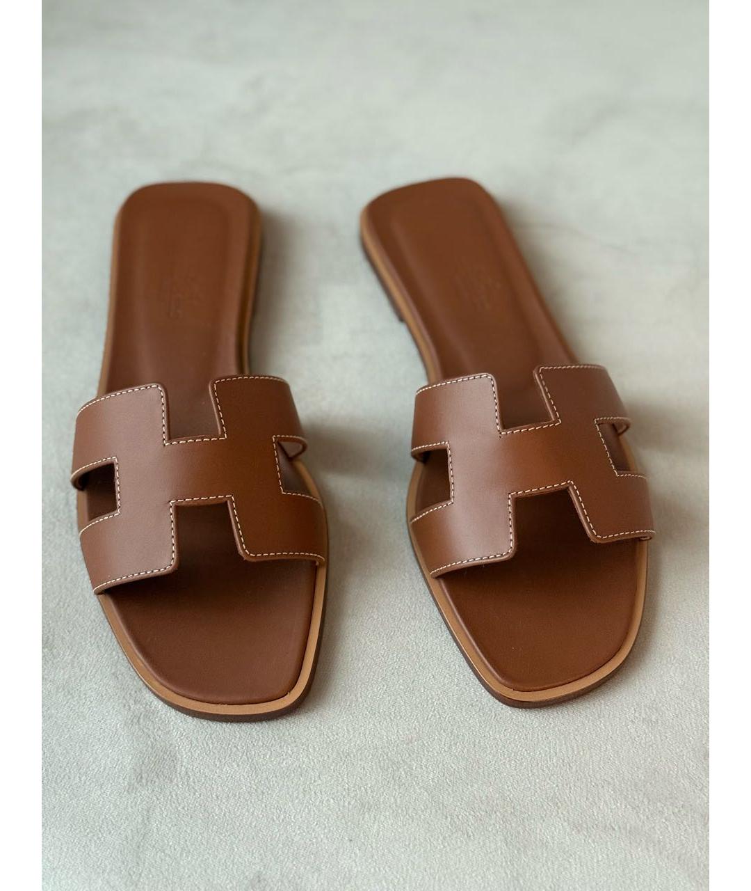HERMES Коричневые кожаные шлепанцы, фото 2
