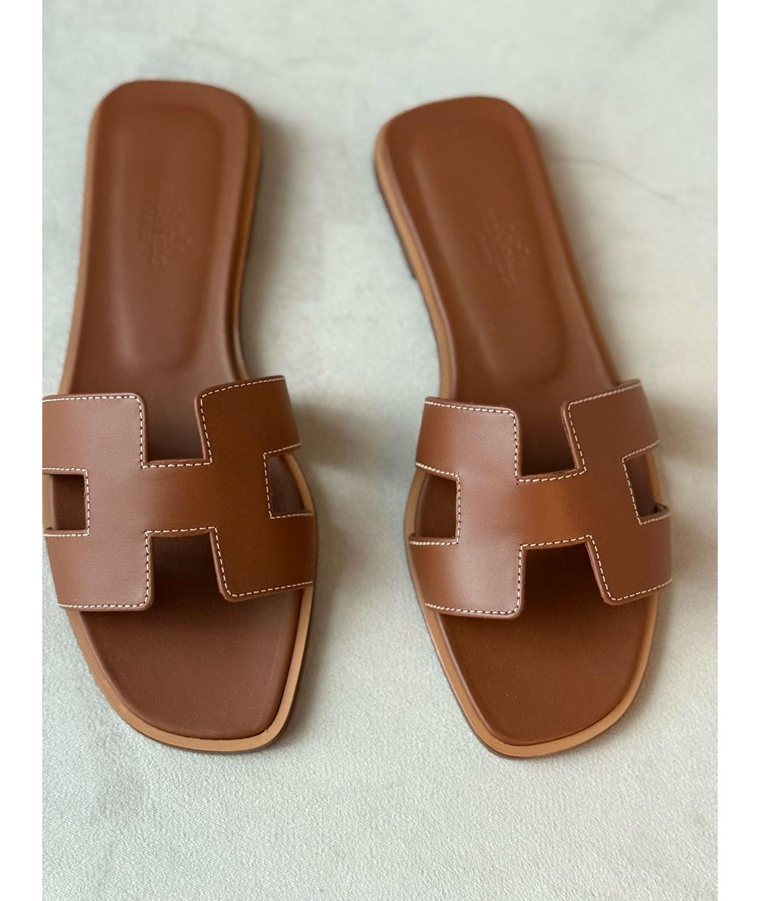 HERMES Коричневые кожаные шлепанцы, фото 6