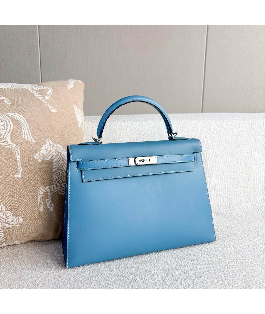 HERMES Голубая кожаная сумка с короткими ручками, фото 4