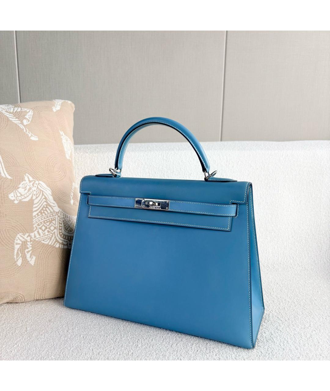 HERMES Голубая кожаная сумка с короткими ручками, фото 6