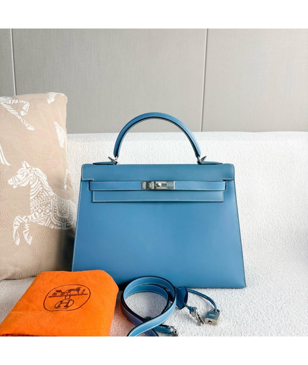 HERMES Голубая кожаная сумка с короткими ручками, фото 2