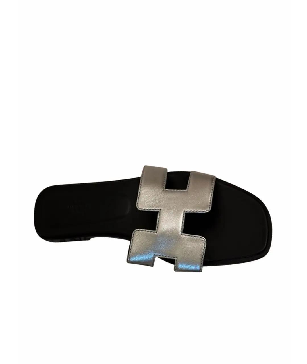 HERMES Серебряные кожаные шлепанцы, фото 1