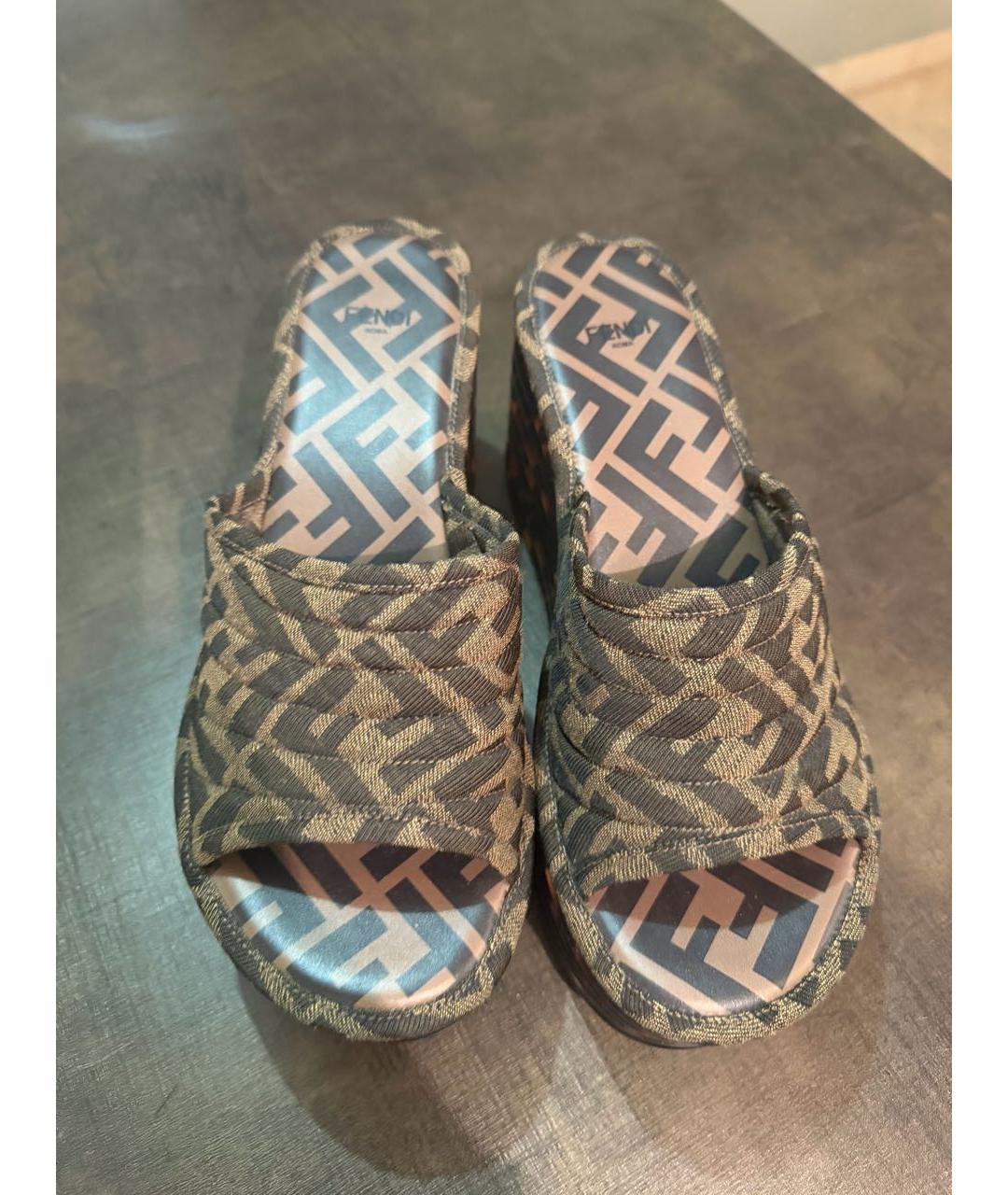 FENDI Коричневые текстильные шлепанцы, фото 3