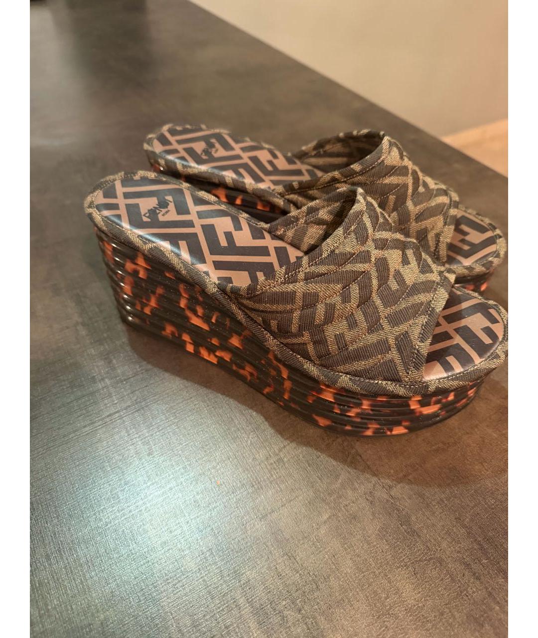 FENDI Коричневые текстильные шлепанцы, фото 2