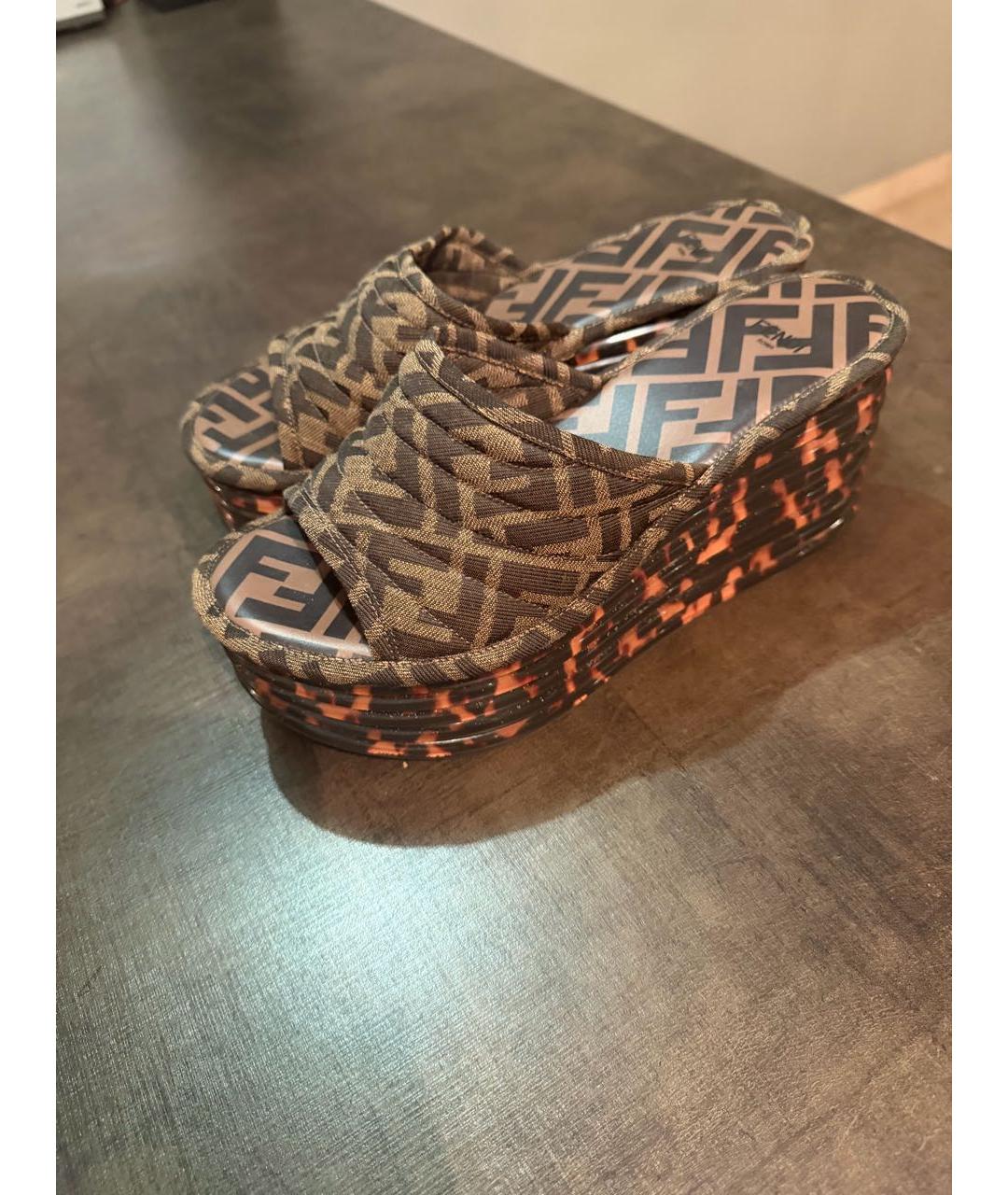 FENDI Коричневые текстильные шлепанцы, фото 6