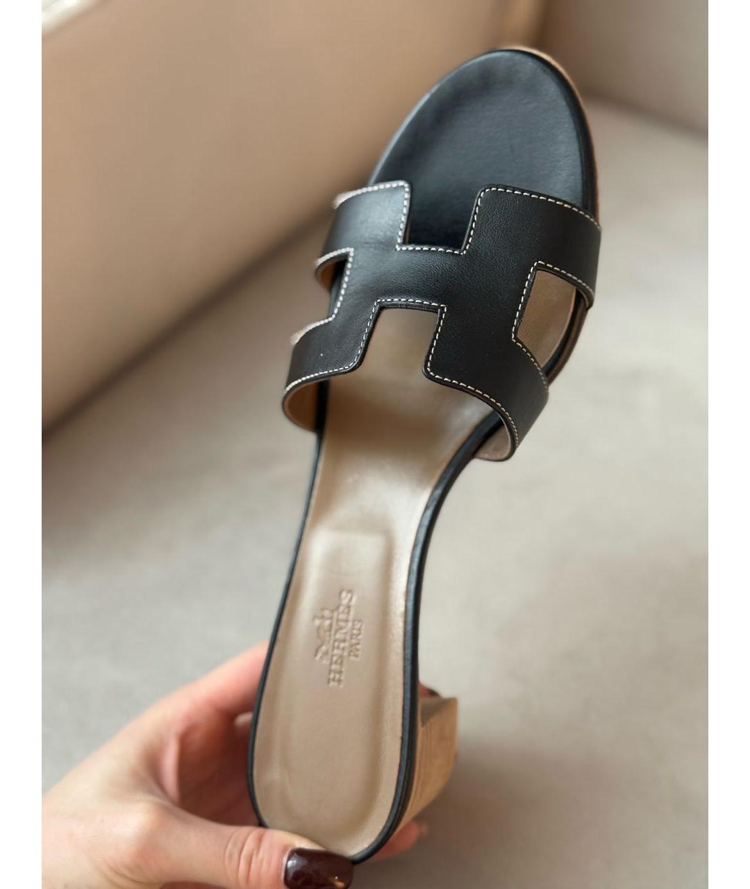 HERMES Черные кожаные мюли, фото 4