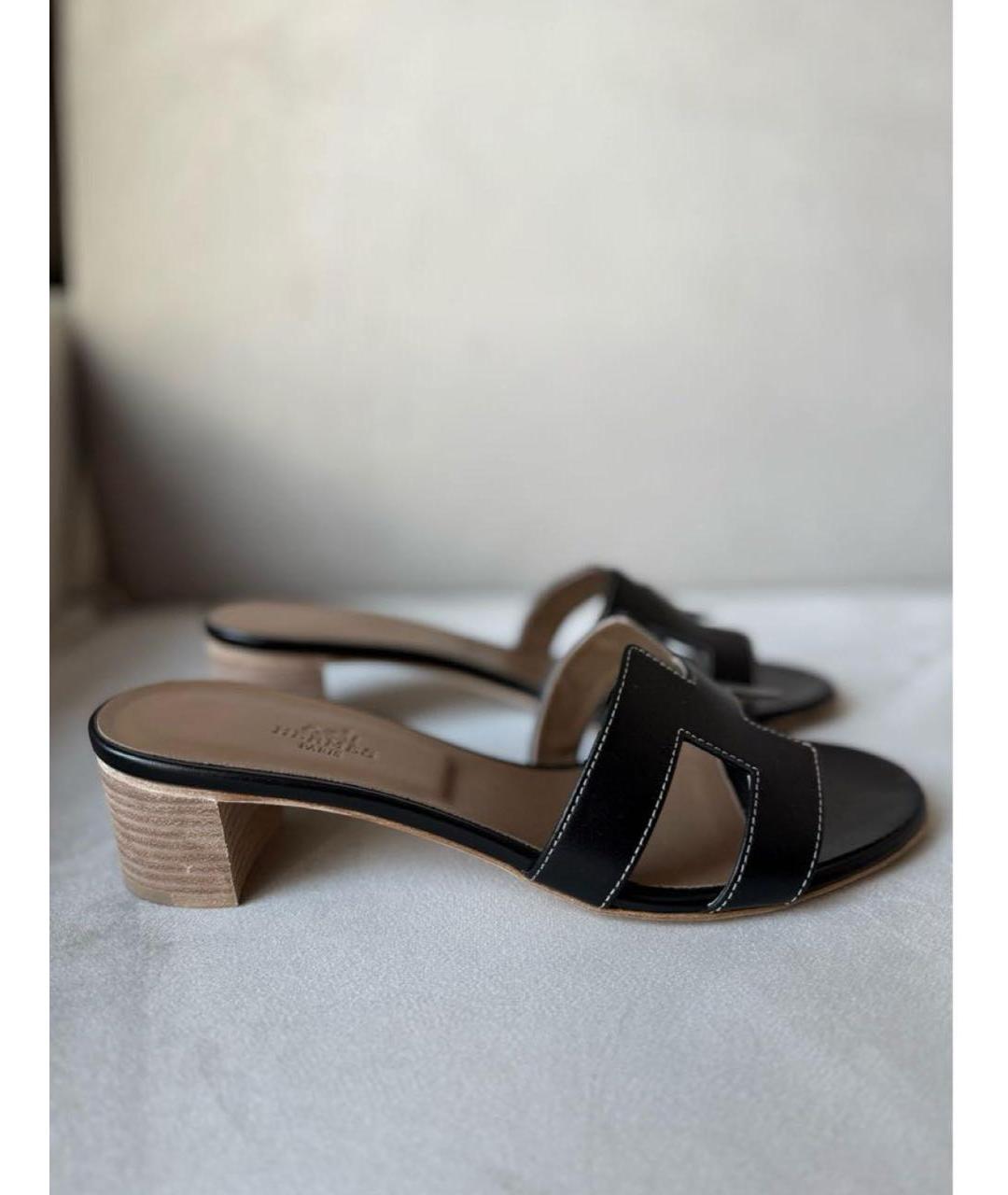 HERMES Черные кожаные мюли, фото 2