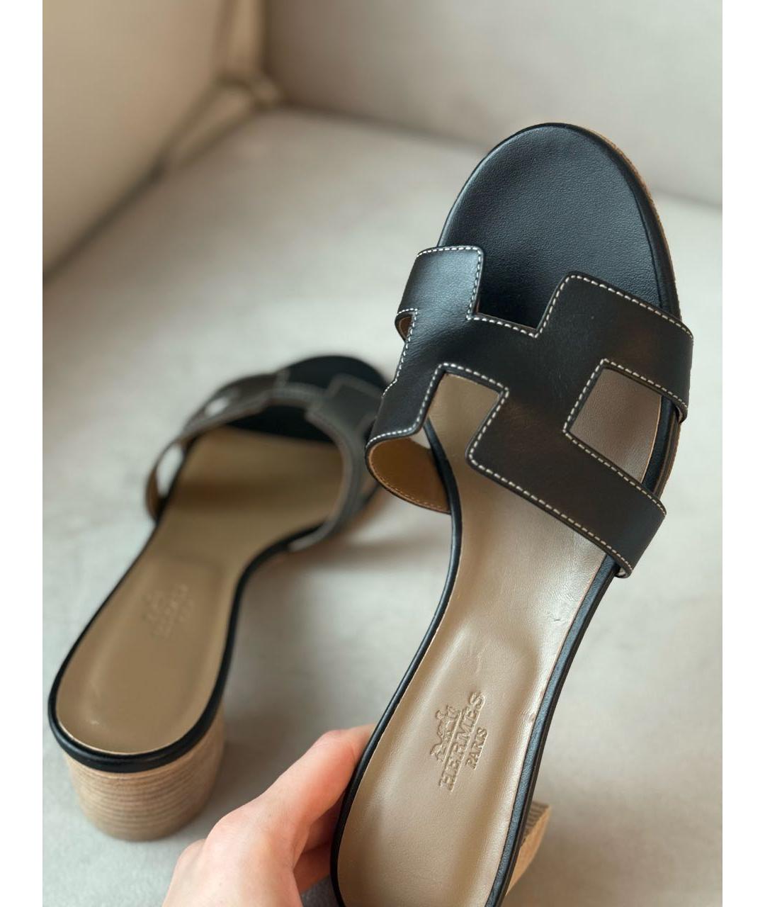 HERMES Черные кожаные мюли, фото 8