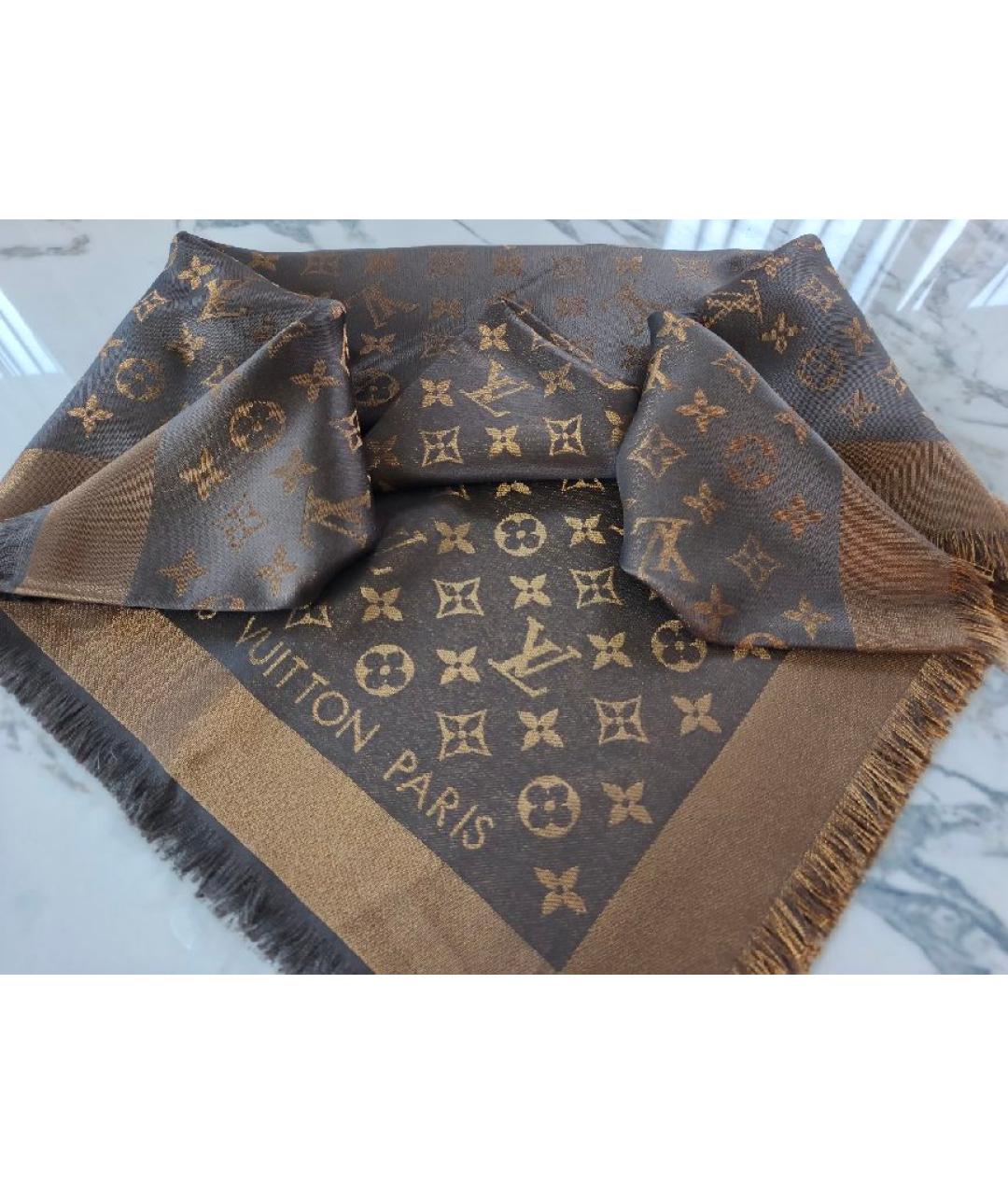 LOUIS VUITTON Коричневый шелковый платок, фото 7