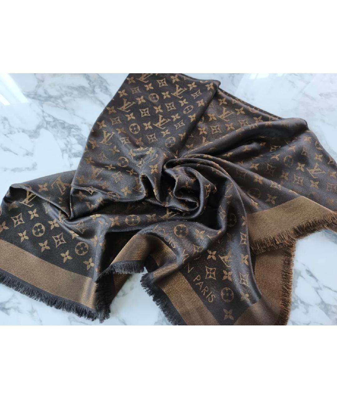 LOUIS VUITTON Коричневый шелковый платок, фото 8