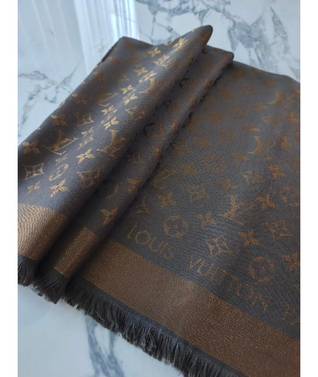 LOUIS VUITTON Коричневый шелковый платок, фото 9