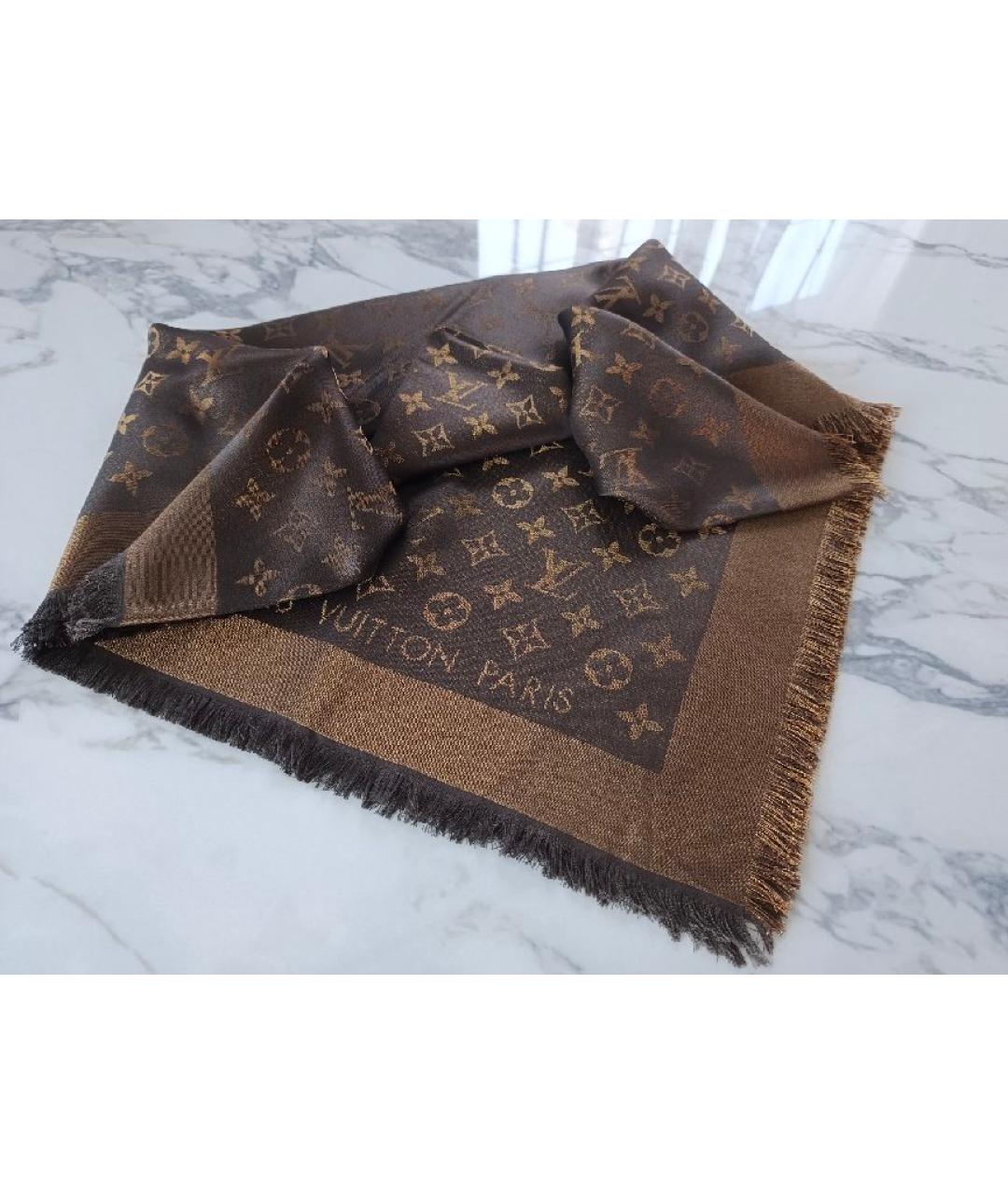 LOUIS VUITTON Коричневый шелковый платок, фото 5