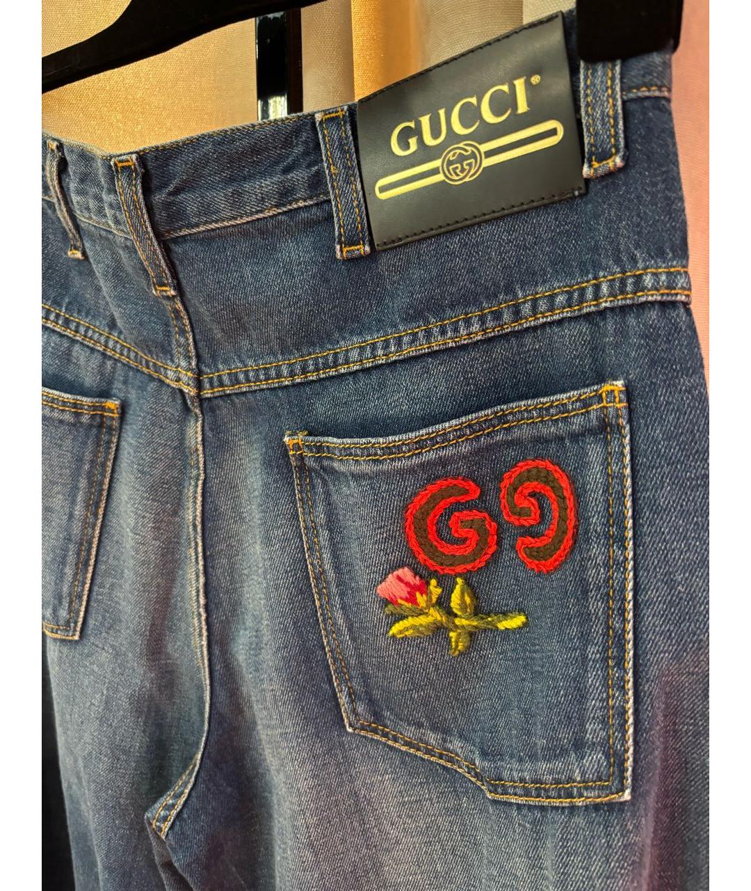 GUCCI Синие хлопко-леновые джинсы клеш, фото 6