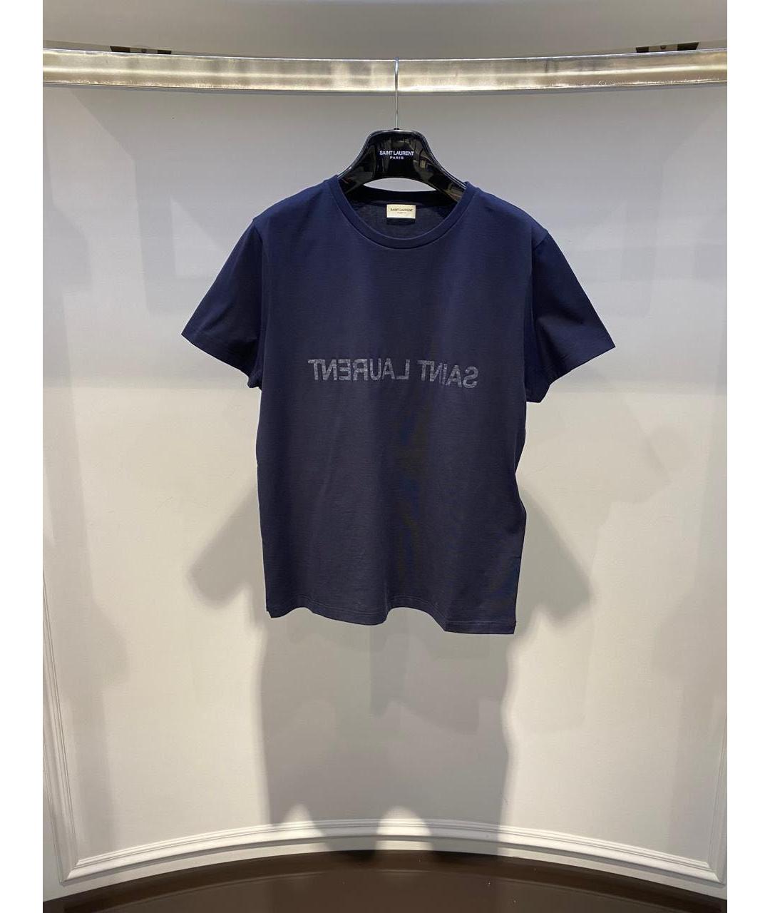 SAINT LAURENT Темно-синяя хлопковая футболка, фото 2