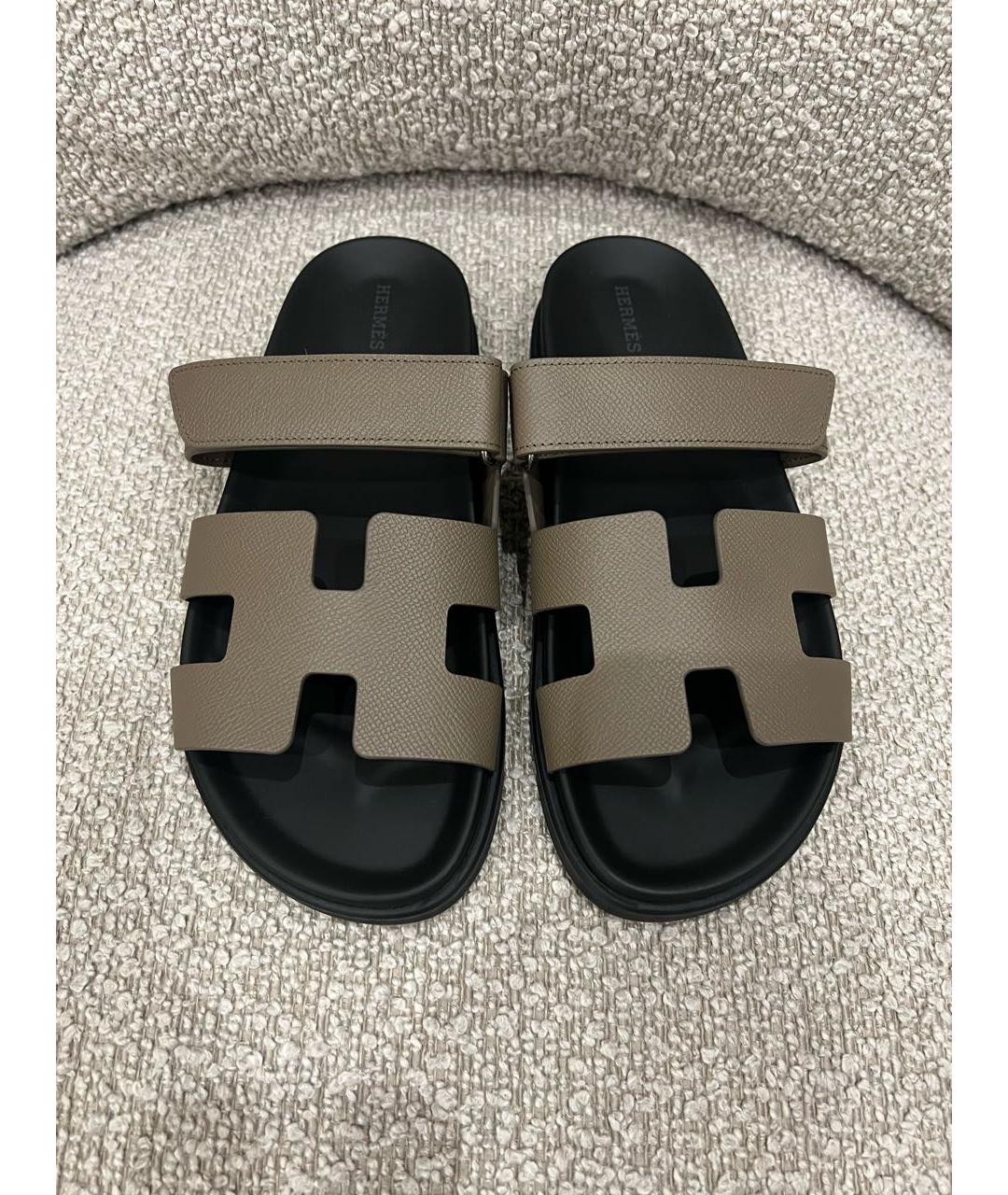 HERMES Бежевые кожаные шлепанцы, фото 2