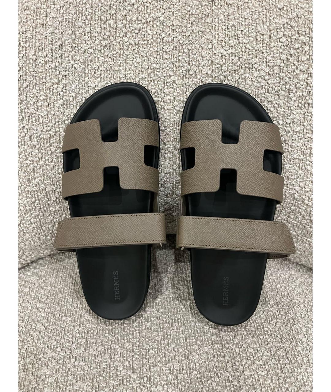 HERMES Бежевые кожаные шлепанцы, фото 3