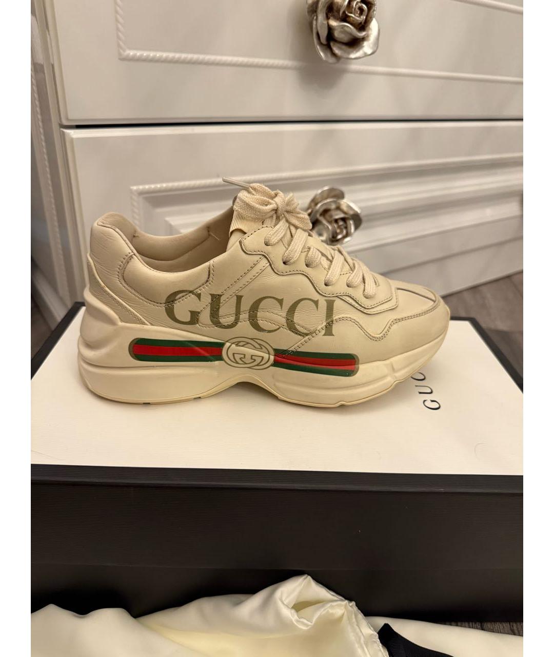 GUCCI Бежевые кожаные кроссовки, фото 9