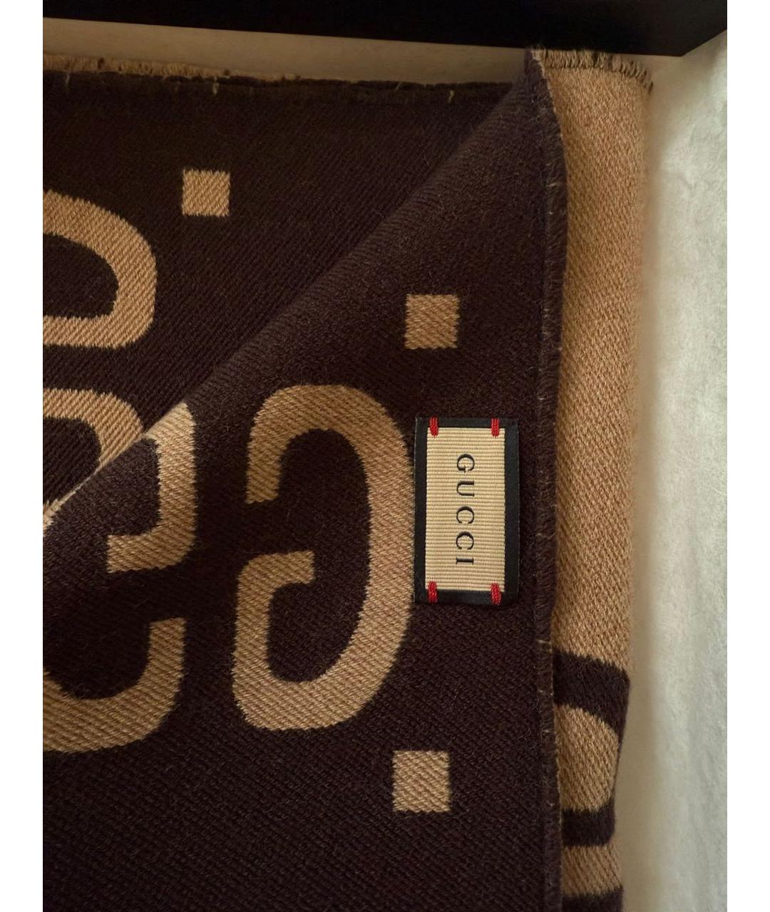 GUCCI Коричневый шерстяной шарф, фото 4