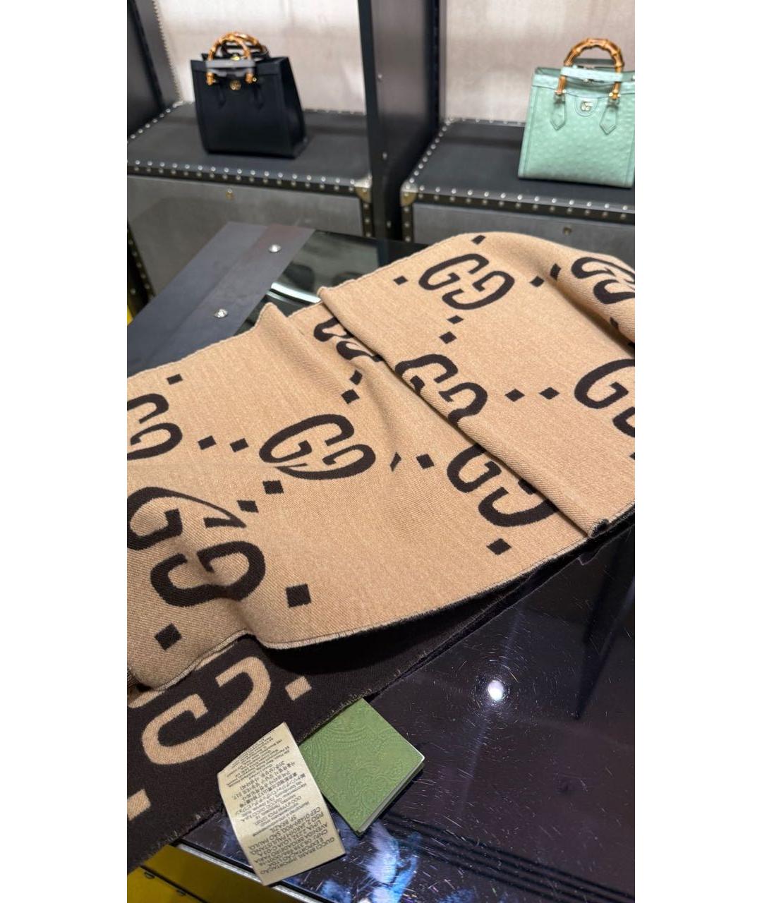 GUCCI Коричневый шерстяной шарф, фото 2