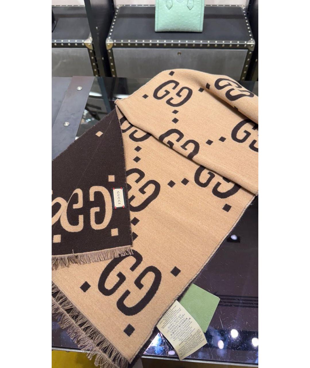 GUCCI Коричневый шерстяной шарф, фото 8