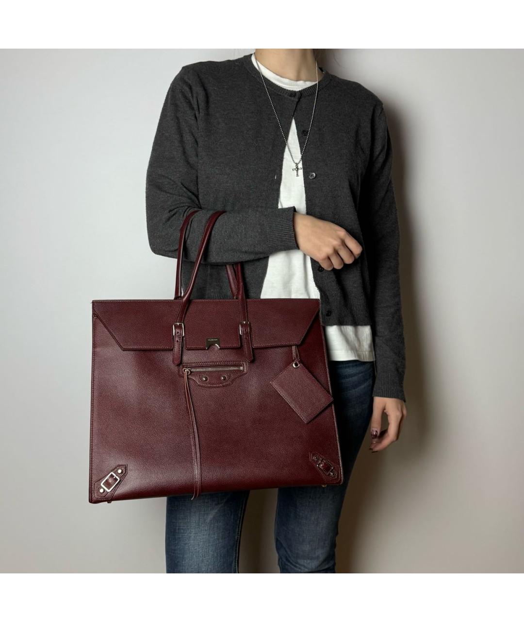 BALENCIAGA Бордовая кожаная сумка тоут, фото 7