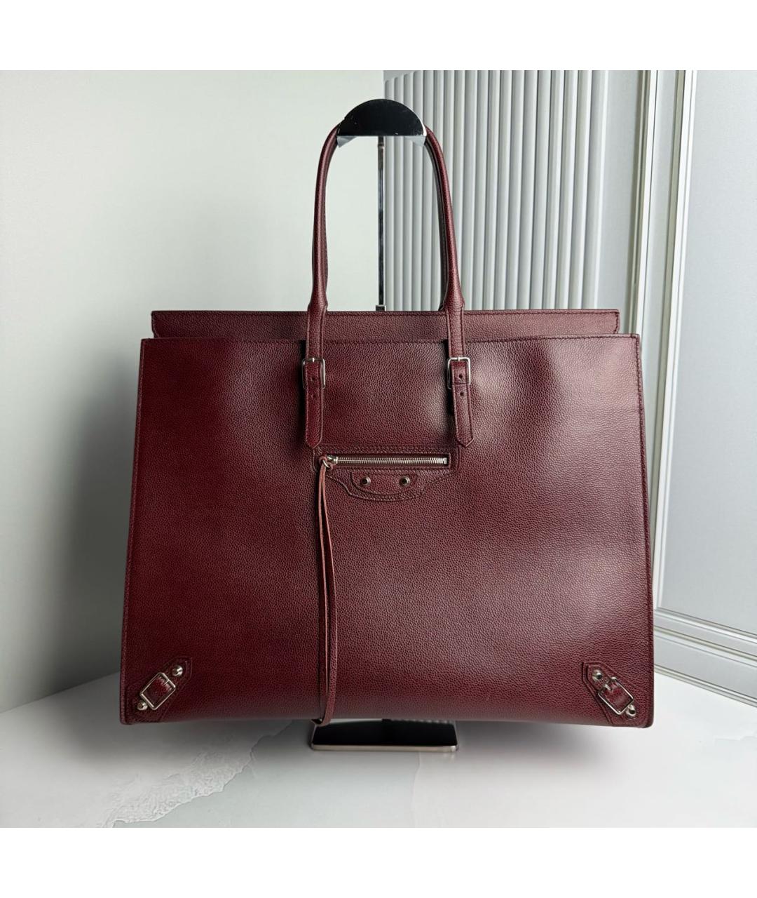 BALENCIAGA Бордовая кожаная сумка тоут, фото 2