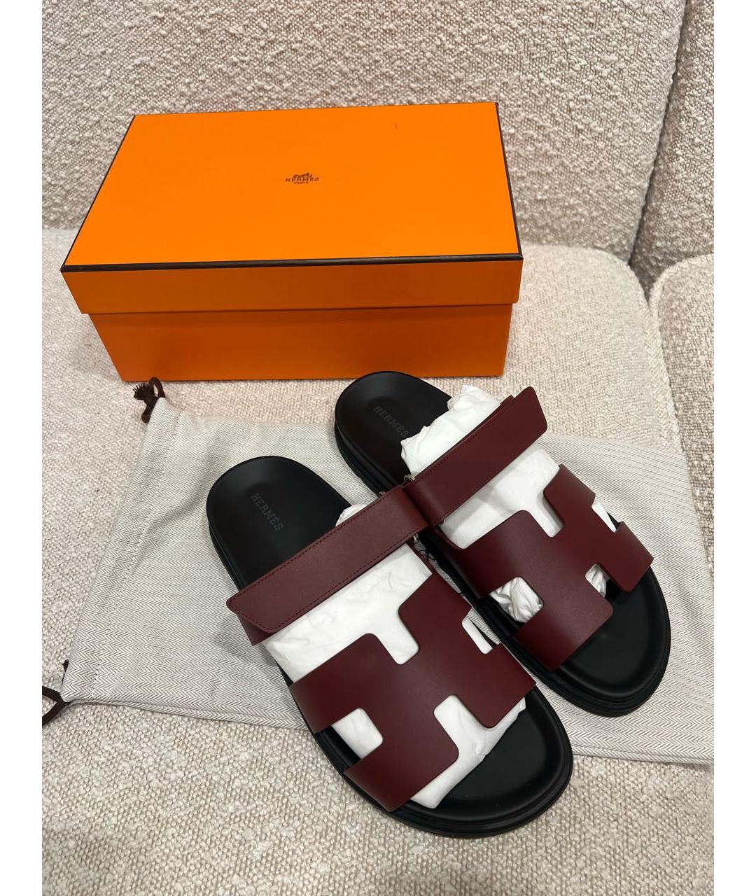 HERMES Бордовые кожаные шлепанцы, фото 2