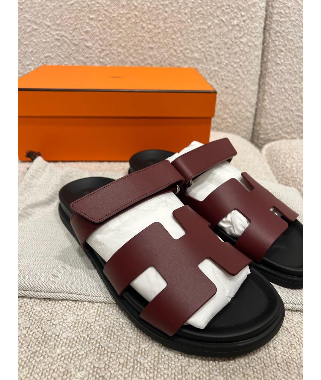 HERMES Бордовые кожаные шлепанцы, фото 4