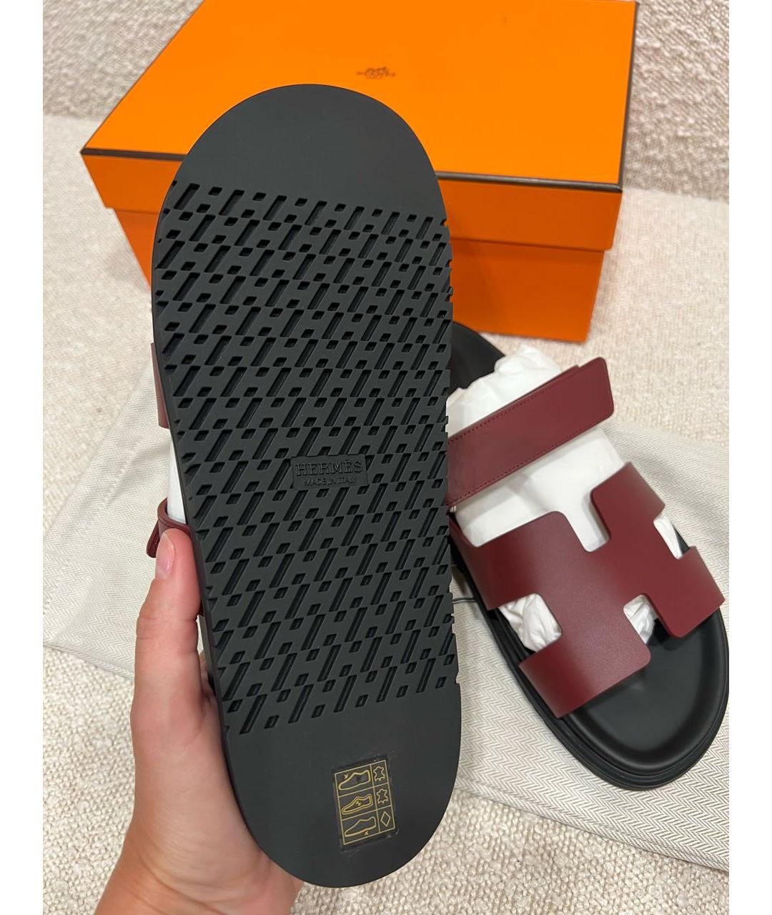 HERMES Бордовые кожаные шлепанцы, фото 3