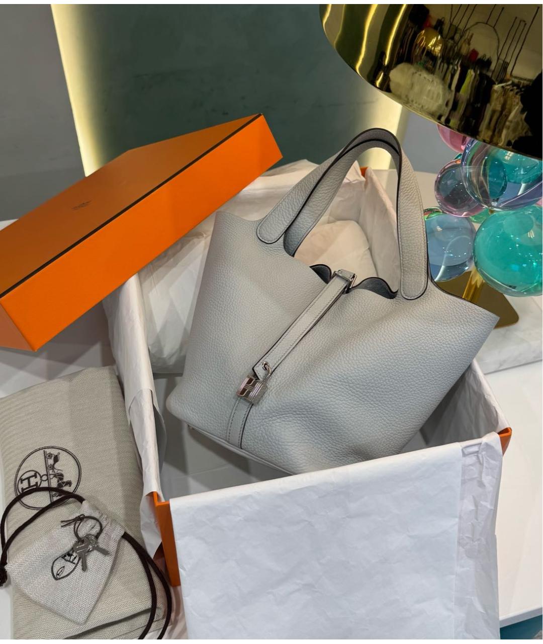 HERMES Голубая кожаная сумка с короткими ручками, фото 4