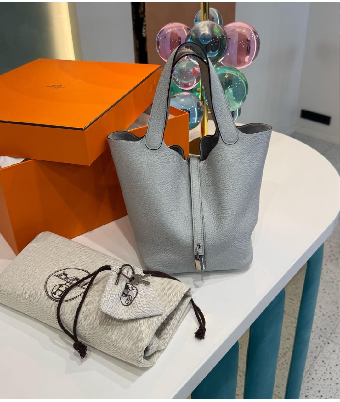 HERMES Голубая кожаная сумка с короткими ручками, фото 3