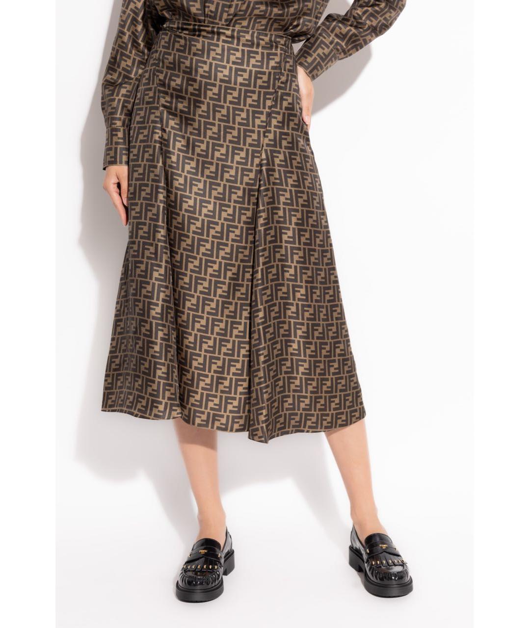 FENDI Коричневая шелковая юбка миди, фото 3