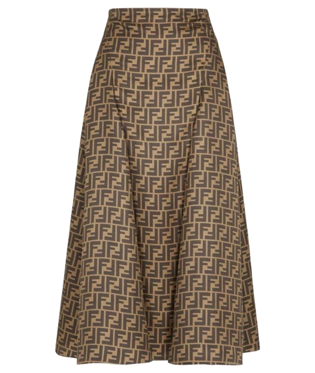 FENDI Коричневая шелковая юбка миди, фото 1