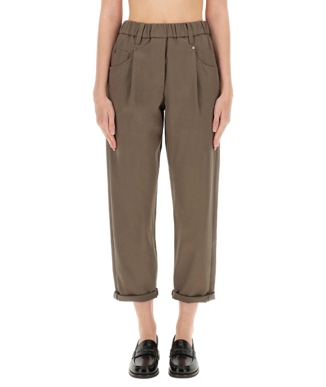 BRUNELLO CUCINELLI Хаки хлопковые прямые брюки, фото 2