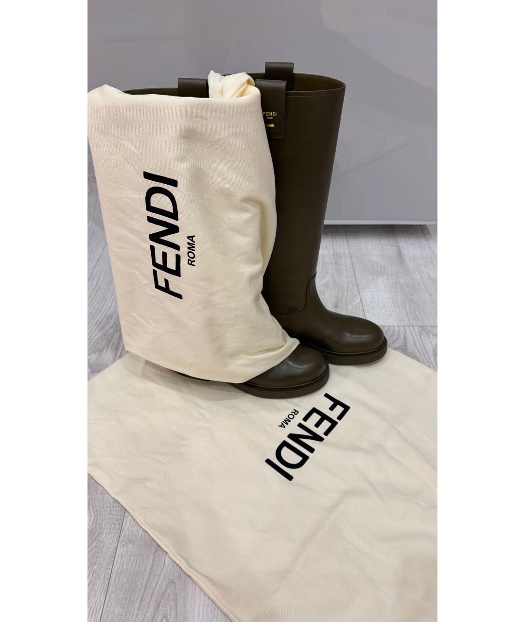 FENDI Хаки кожаные сапоги, фото 6