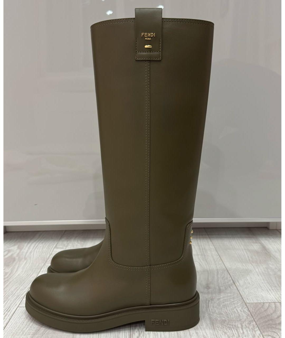 FENDI Хаки кожаные сапоги, фото 7