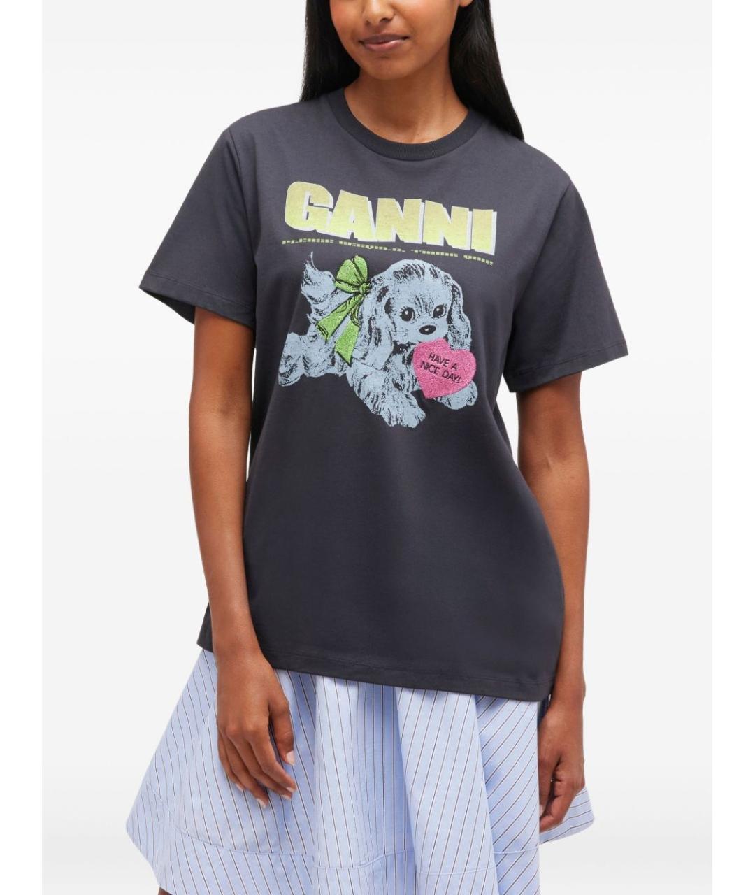 GANNI Антрацитовая хлопковая футболка, фото 2