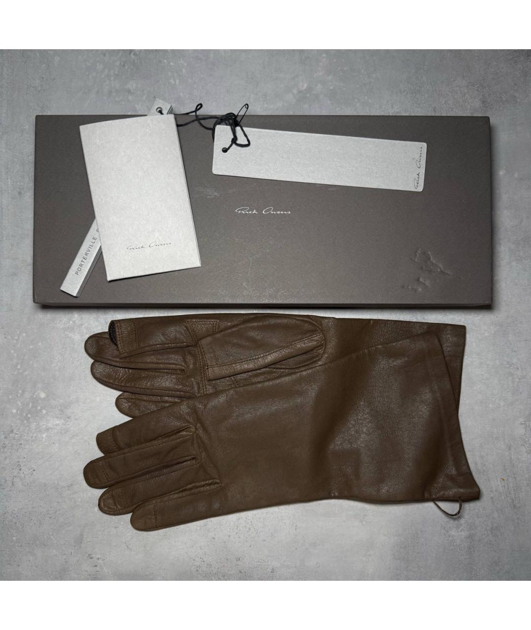 RICK OWENS Хаки кожаные перчатки, фото 5