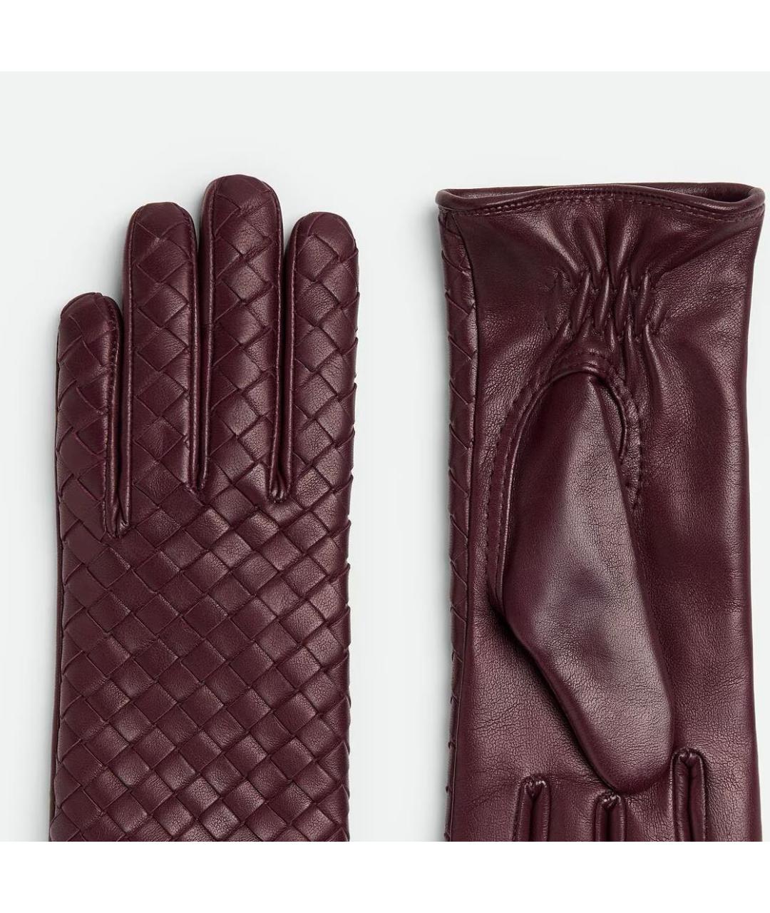 BOTTEGA VENETA Бордовые кожаные перчатки, фото 2