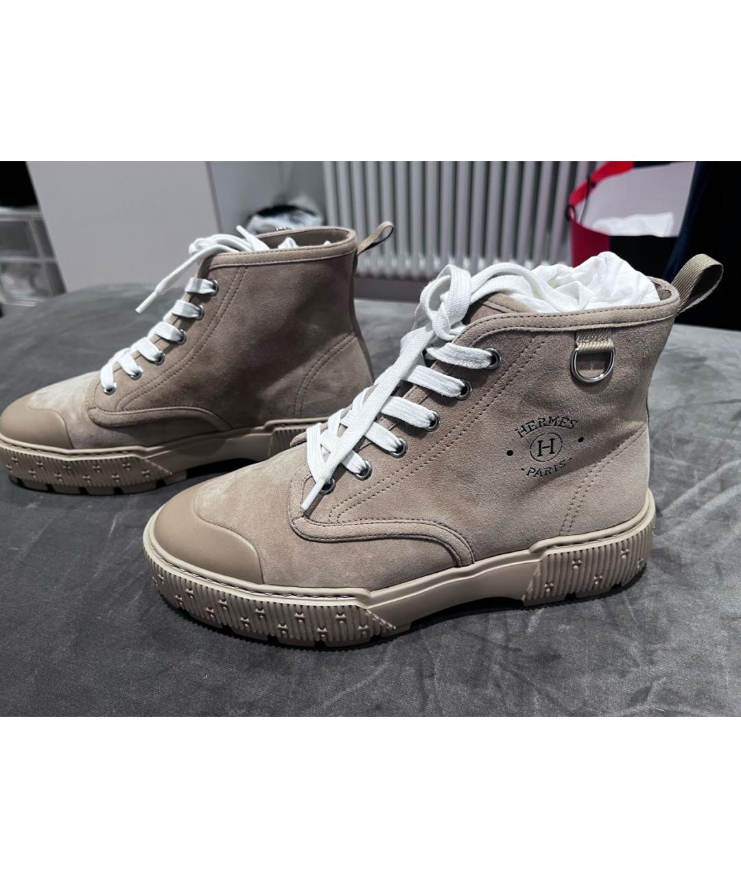 HERMES Бежевые замшевые ботинки, фото 9