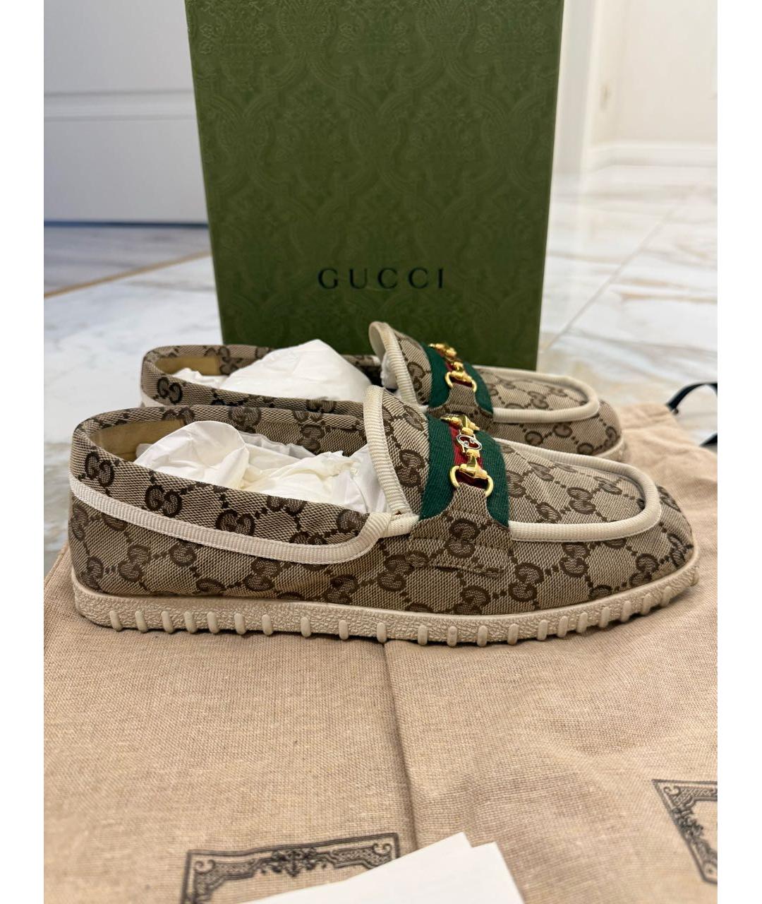 GUCCI Бежевые текстильные лоферы, фото 7