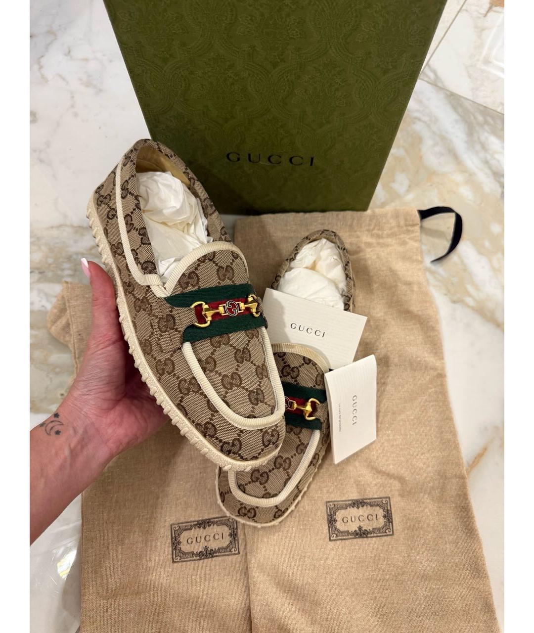 GUCCI Бежевые текстильные лоферы, фото 6