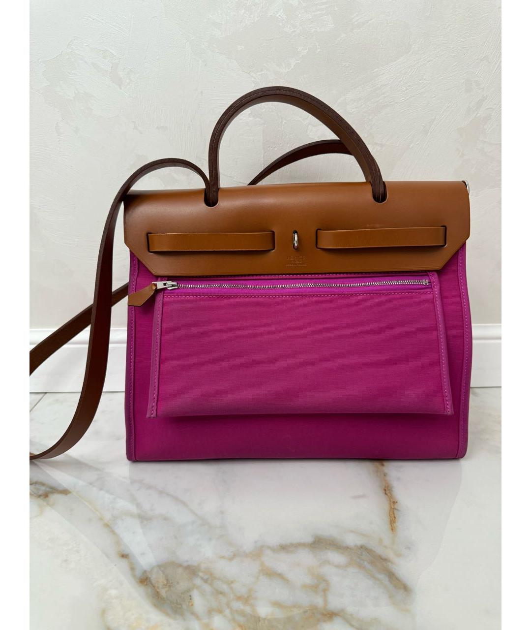 HERMES Розовая тканевая сумка с короткими ручками, фото 3