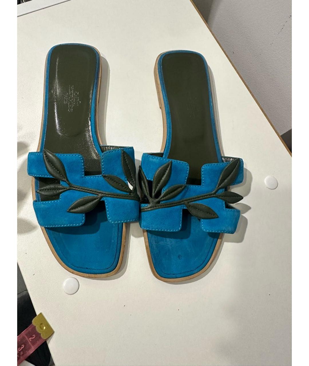 HERMES Голубые замшевые шлепанцы, фото 7