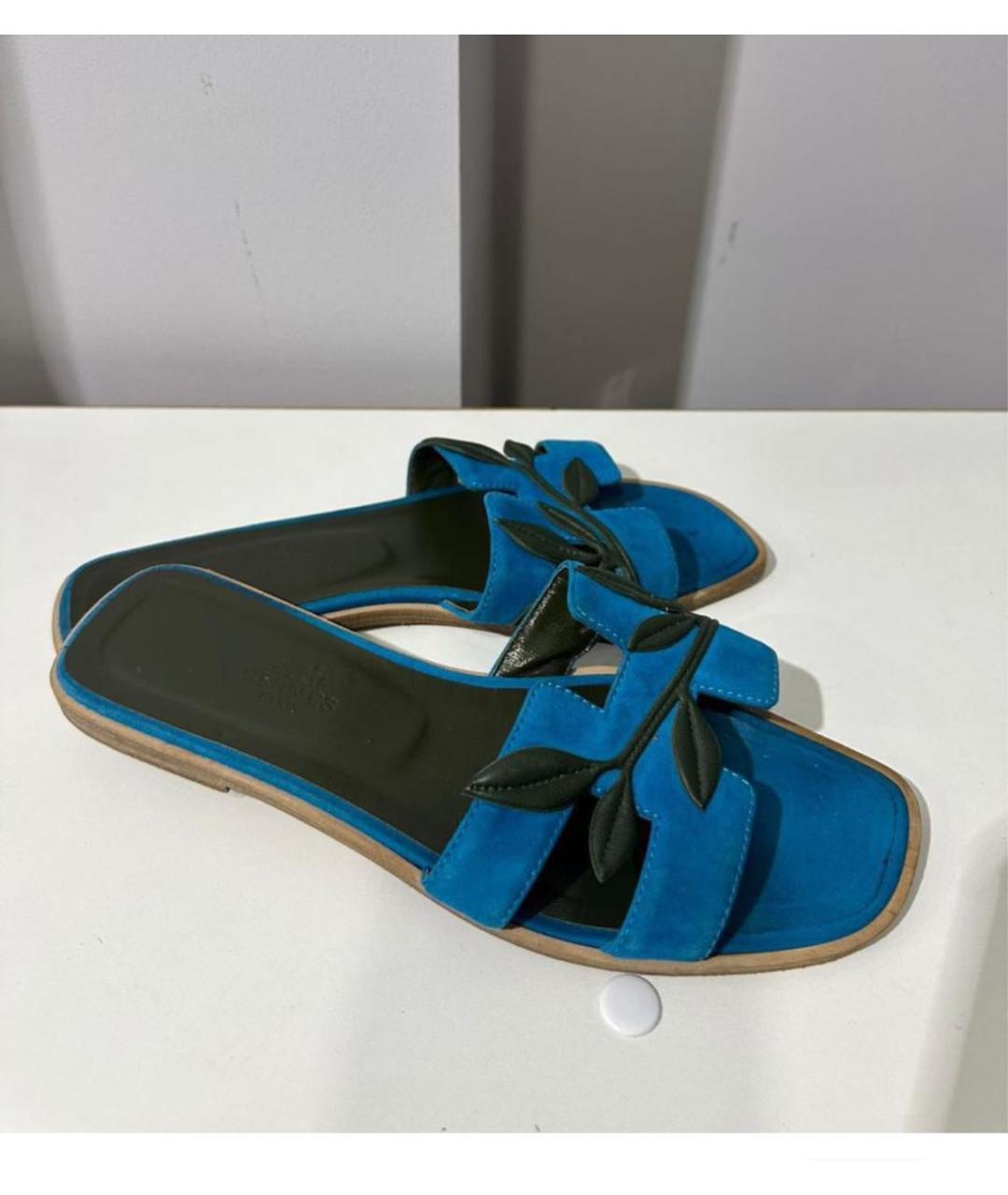 HERMES Голубые замшевые шлепанцы, фото 8