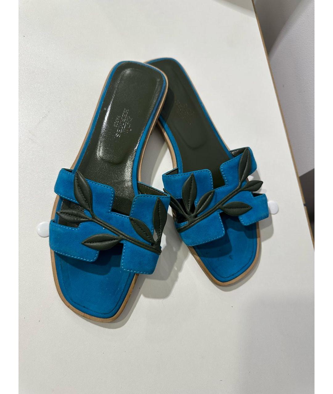 HERMES Голубые замшевые шлепанцы, фото 2