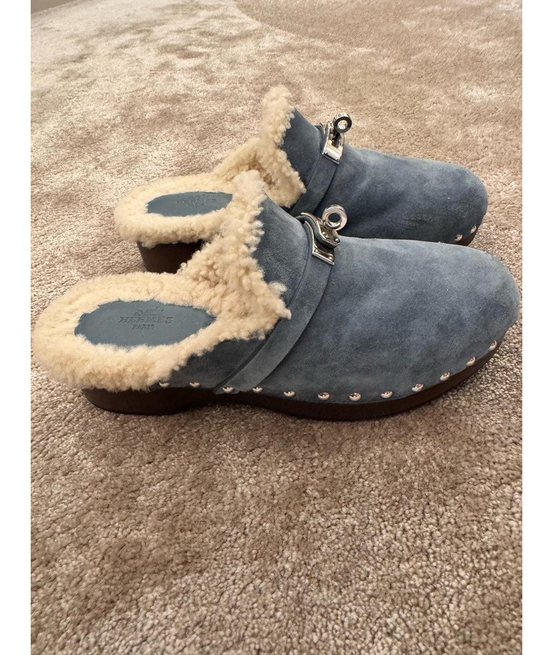 HERMES Голубые замшевые сабо, фото 9