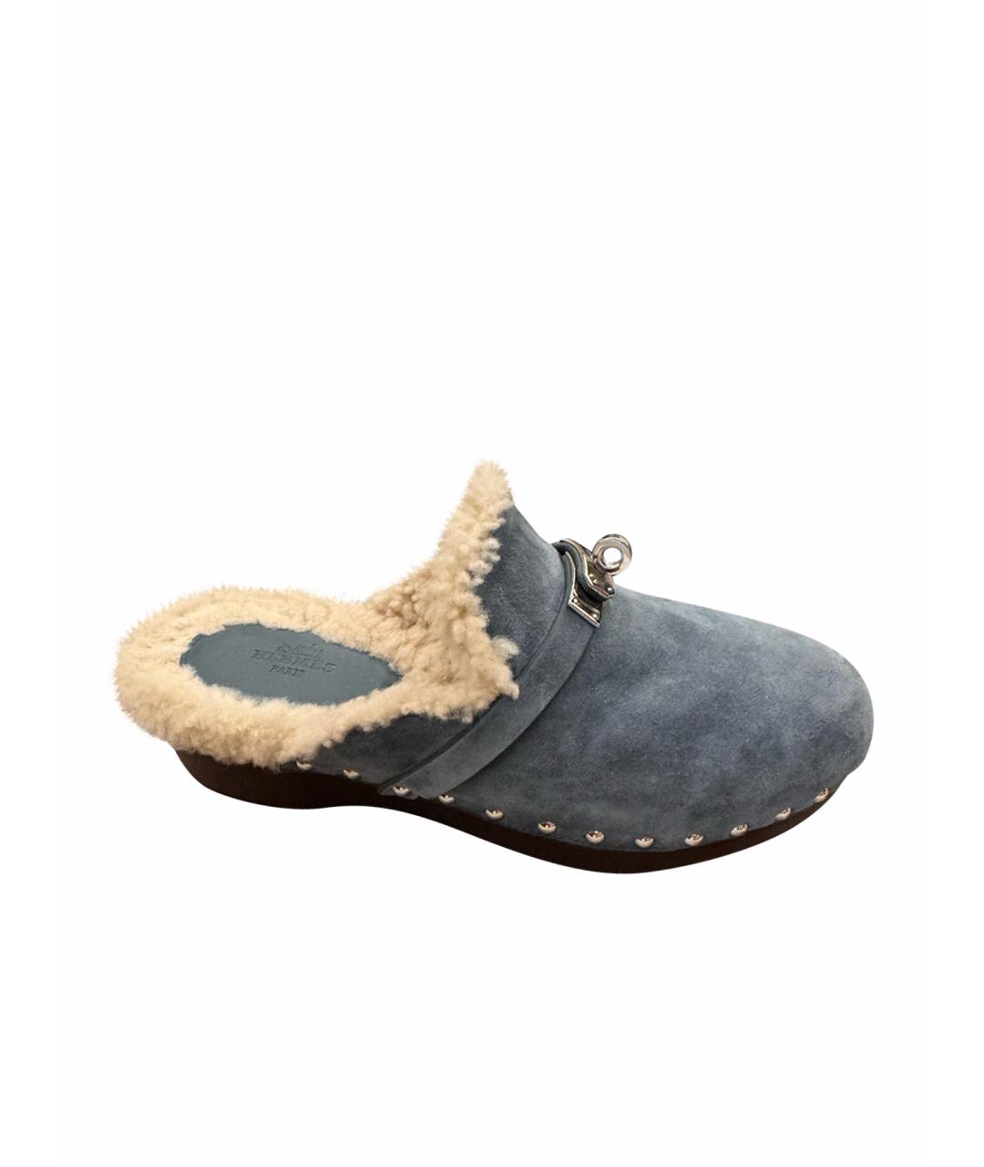 HERMES Голубые замшевые сабо, фото 1