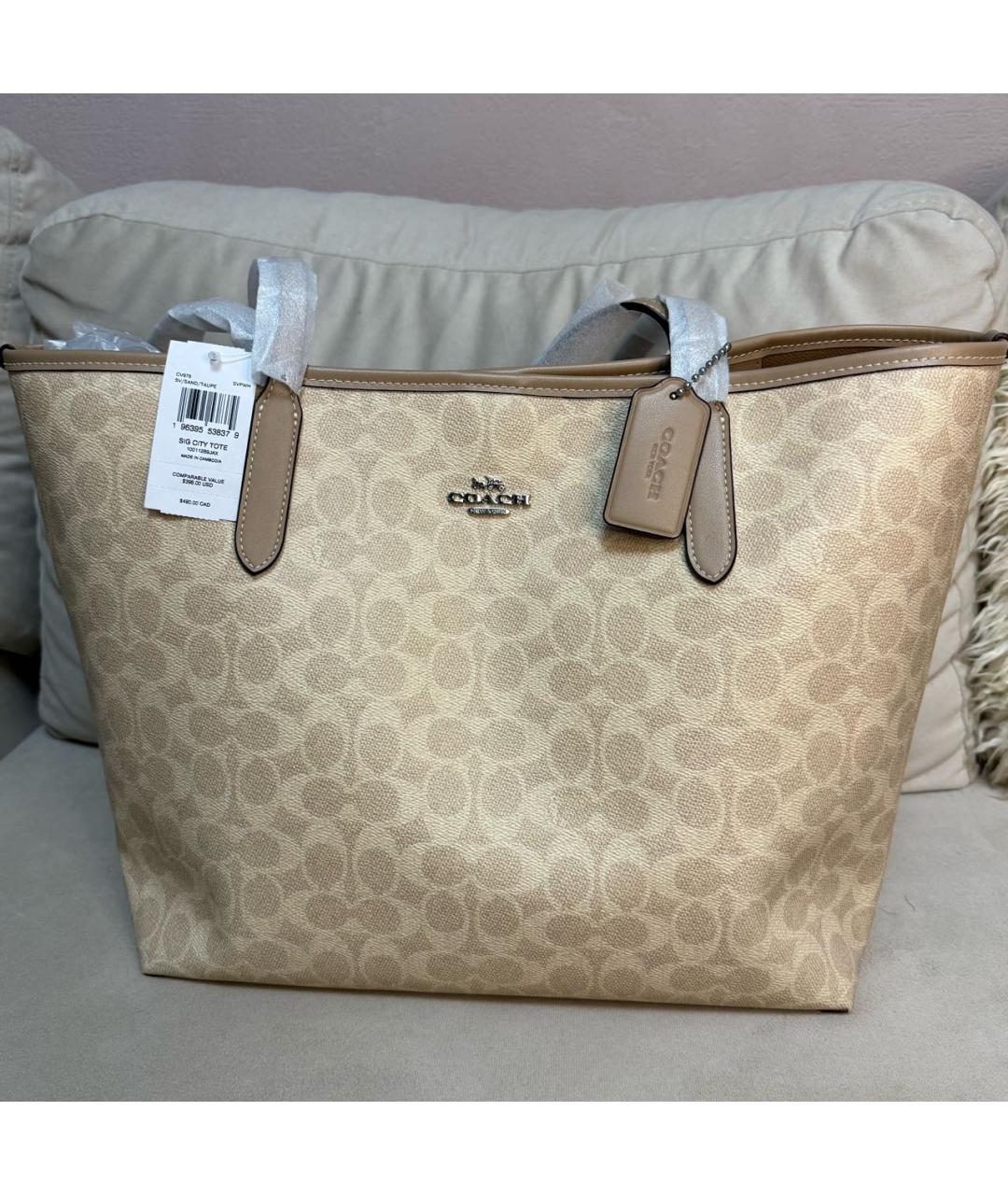 COACH Бежевая кожаная сумка тоут, фото 3