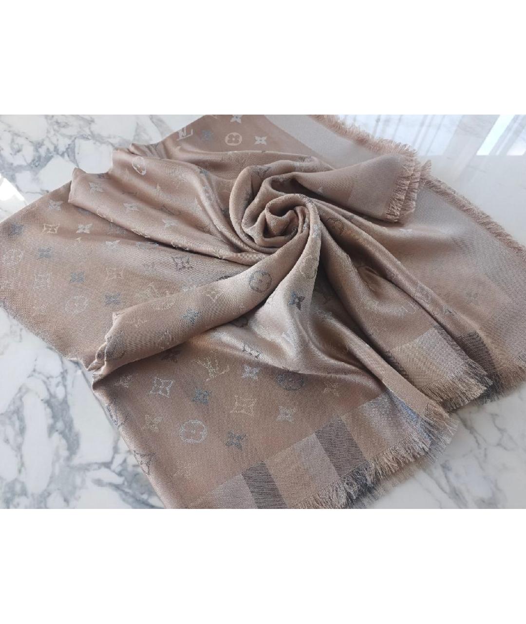 LOUIS VUITTON Бежевый шелковый платок, фото 9